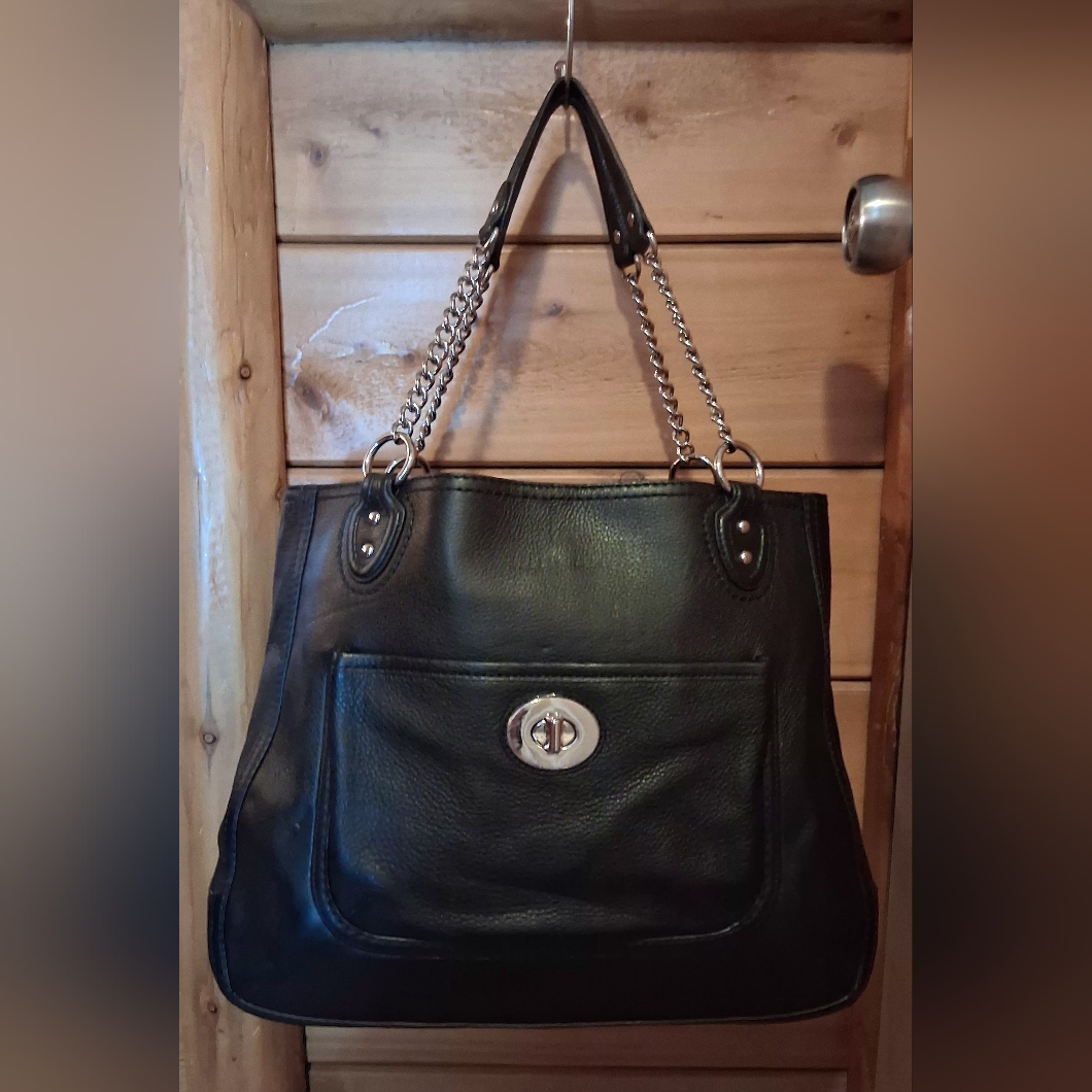 Coach Poppy Black Peebled Leather Double Handle Leather Chain Straps.